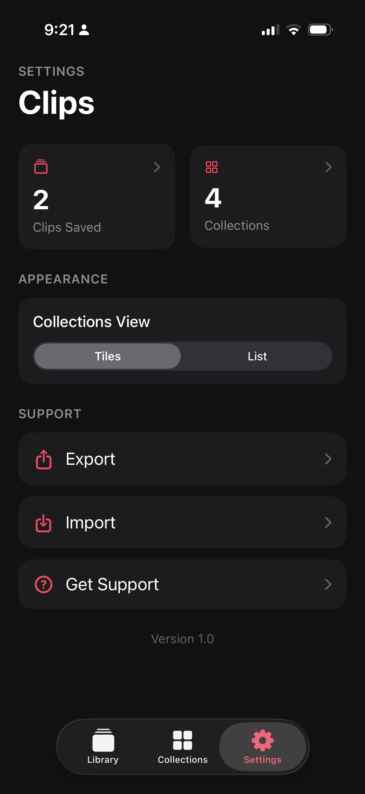 Clip settings screen